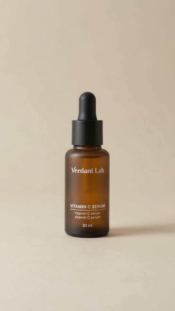 An amber serum bottle alone on a stone surface, filling the frame.
